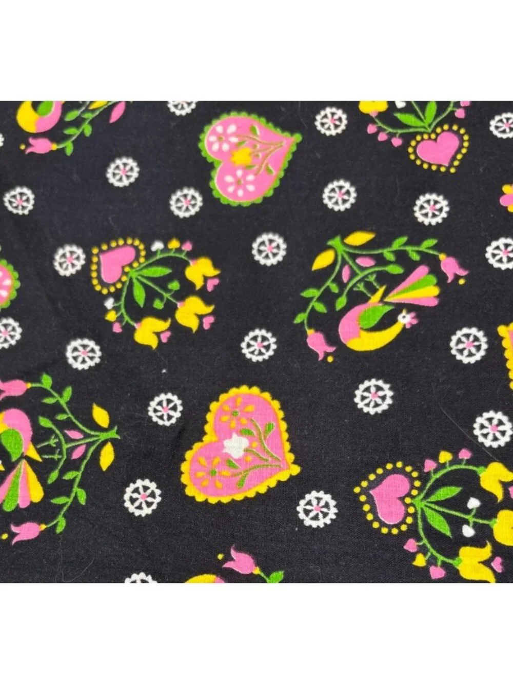 Black Cotton Fabric Colorful Bird Heart Design 1/2 yard x 44